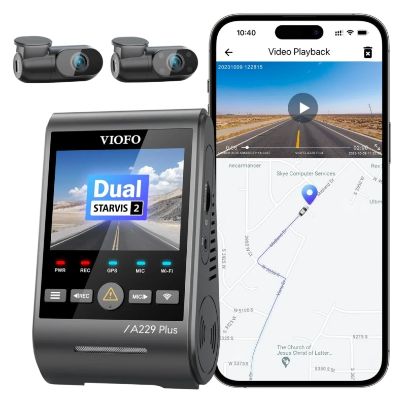 VIOFO A229 Plus 3CH Caméra Frontale 2K + Arrière 2K + Intérieure 1080P HDR 5GHz WiFi GPS commande vocale 2,4 pouces Dashcam