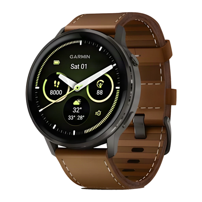 Garmin Venu 4 45 mm Gris Ardoise Bracelet Cuir Marron 1,4 pouces AMOLED 12 jours 5ATM Smartwatch