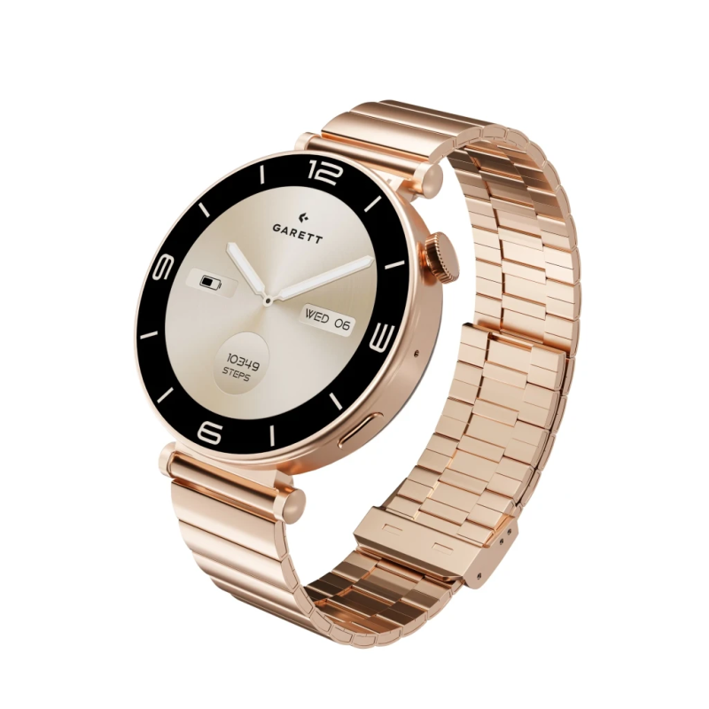Garett Rose Gold Steel 42 mm Doré 1,32 pouces AMOLED Appels Bluetooth 7 jours +78 sports IP67 Smartwatch