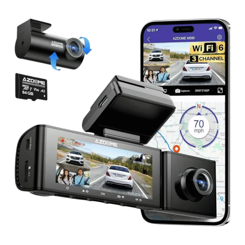 Azdome M590 3CH 2,5K Avant + 1080P Cabine Arrière GPS WiFi 3,18 pouces vision nocturne Dashcam