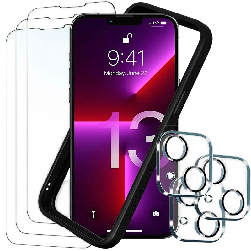 Pack d'accessoires iPhone 13 avec 3 Protection d'écran + 3 Film protection caméra + Coque Bumper