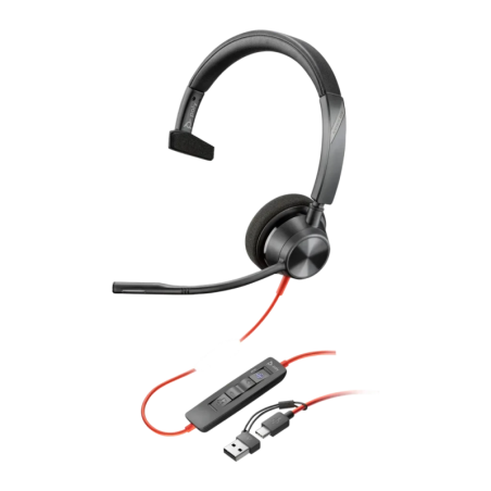 Poly Blackwire 3310 Microsoft Teams Mono USB-C Câble Noir Arceau avec micro Casque + Adaptateur USB-A