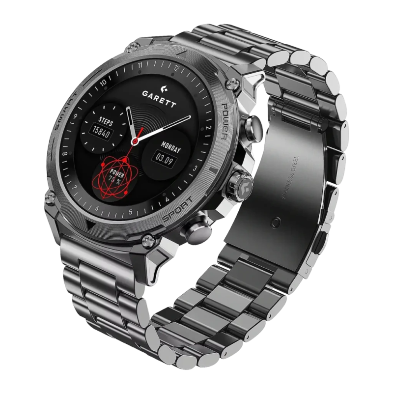 Garett Atom Acier 47 mm Argent 1,43 pouces AMOLED Appels Bluetooth 8 jours +100 sports IP68 Smartwatch