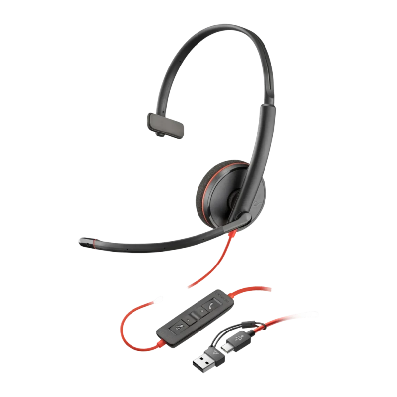 Poly Blackwire 3210 Monaural 8X214A6 USB-C Réduction de bruit Noir Arceau avec micro Casque + Adaptateur USB-A