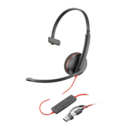 Poly Blackwire 3210 Monaural 8X214A6 USB-C Réduction de bruit Noir Arceau avec micro Casque + Adaptateur USB-A