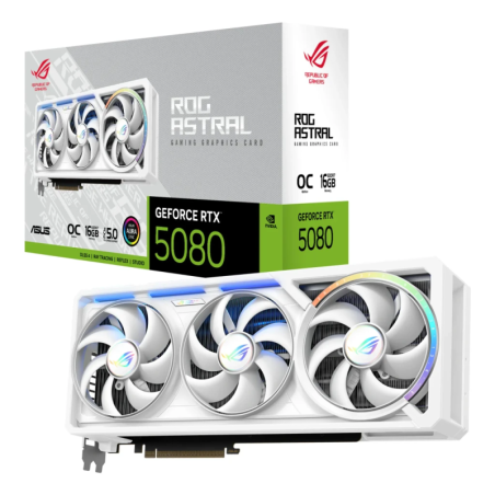ASUS ROG Astral GeForce RTX 5080 O16G OC Edition 16GB GDDR7 Blanc 4 ventilateurs HDMI 2.1 3 DisplayPort Carte graphique