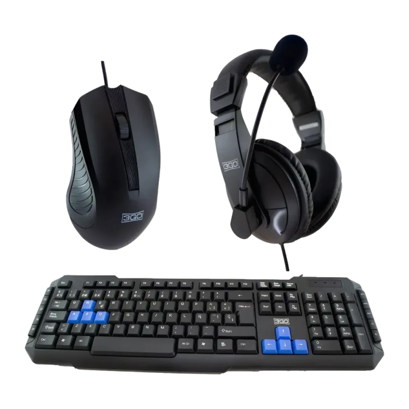 3GO Drile H2 Noir USB avec Câble QWERTY à membrane Pack Clavier, Souris et Casque