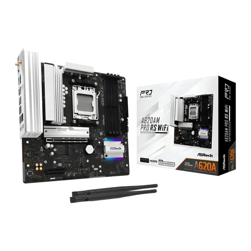 ASRock A620AM Pro RS WiFi AMD A620 AM5 DDR5 Micro ATX Noir 2,5G Ethernet 3 emplacements M.2 Carte mère