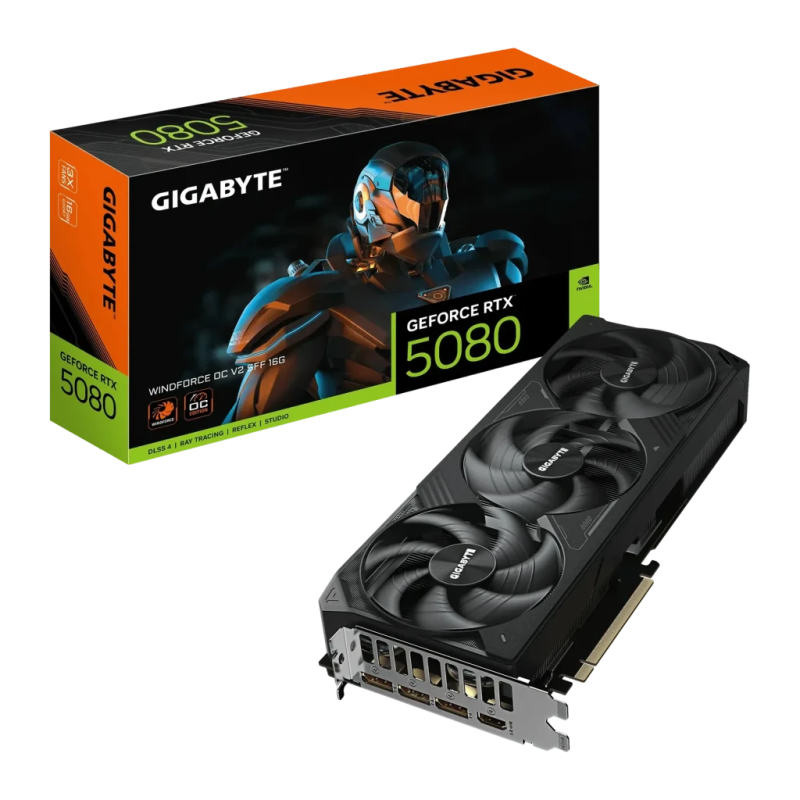 Gigabyte GeForce RTX 5080 Windforce OC V2 SFF 16GB GDDR7 Noir 3 ventilateurs HDMI 2.1 3 DisplayPort Carte graphique