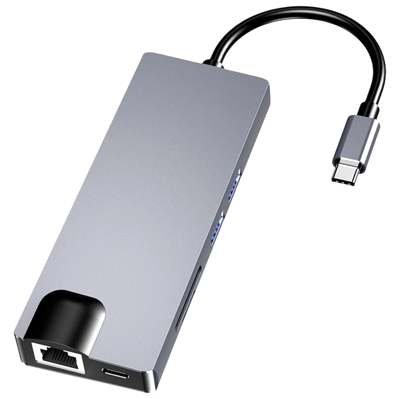 USB-C avec HDMI + VGA + 2x USB 3.0 + USB-C PD + SD/TF + RJ45 1000 Mbps PD 100W Hub USB 8 en 1