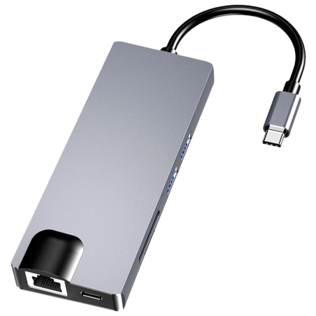 USB-C avec HDMI + VGA + 2x USB 3.0 + USB-C PD + SD/TF + RJ45 1000 Mbps PD 100W Hub USB 8 en 1