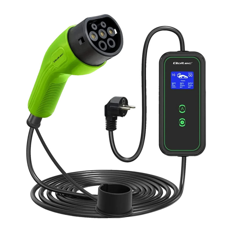 Chargeur de voiture électrique Qoltec 3,5kW Type 2 Câble 5m 52476 16A monophasé écran LCD prise Schuko IP65