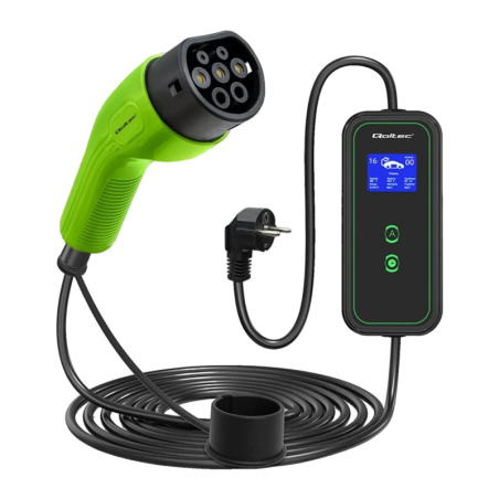 Chargeur de voiture électrique Qoltec 3,5kW Type 2 Câble 5m 52476 16A monophasé écran LCD prise Schuko IP65