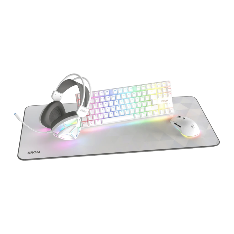 Pack Gaming Krom Klass TKL RGB QWERTY Anglais + Souris + Casque + Tapis Blanc rétroéclairé Clavier mécanique