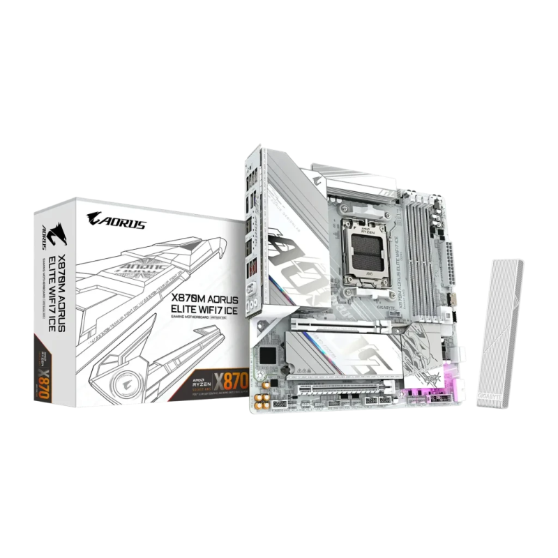Gigabyte X870M Aorus Elite WiFi7 Ice AMD X870 AM5 DDR5 Micro ATX Blanc 2,5G Ethernet 2 emplacements M.2 Carte mère