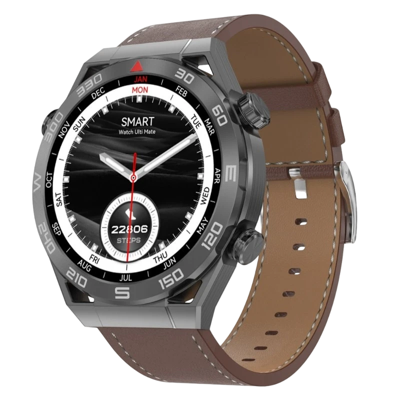 DT NO.1 Ultra Mate Noir Bracelet cuir marron 1,5 pouces IPS 5 jours IP68 Smartwatch