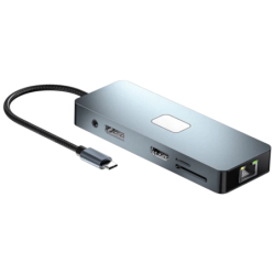 BYL-2309 11 en 1 USB Type-C vers HDMI/microUSB/VGA/RJ45/USB3.2/Jack 3,5mm/USB Type C 100W Argent Hub USB