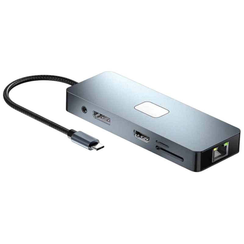 BYL-2309 11 en 1 USB Type-C vers HDMI/microUSB/VGA/RJ45/USB3.2/Jack 3,5mm/USB Type C 100W Argent Hub USB