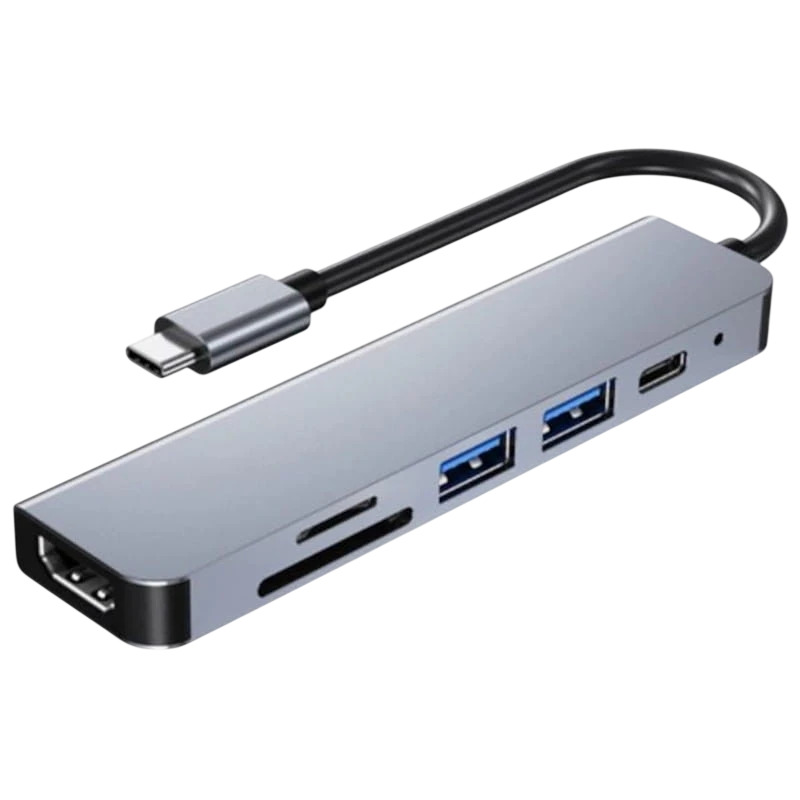 BYL-2010 6 en 1 USB Type-C/HDMI+USB 3.0+USB 2.0+Type C+microSD+TF Gris PD 87W Hub USB