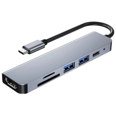 BYL-2010 6 en 1 USB Type-C/HDMI+USB 3.0+USB 2.0+Type C+microSD+TF Gris PD 87W Hub USB