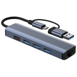 BYL-2208 5 en 2 USB 3.0+Type-C/RJ45 (Gigabit)+USB 3.0+2.0 Gris Hub USB