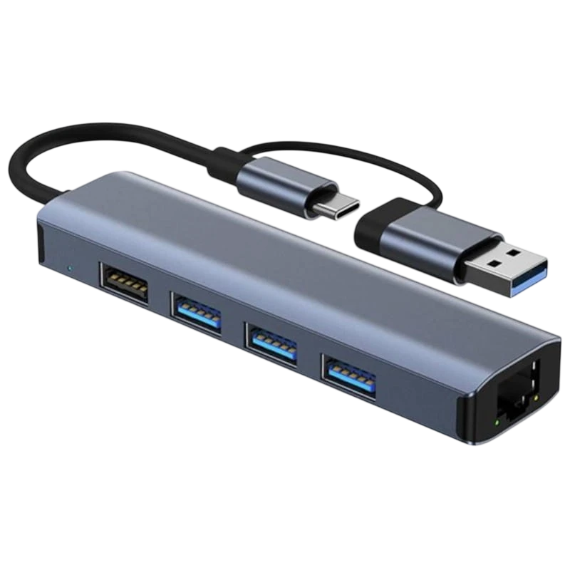 BYL-2208 5 en 2 USB 3.0+Type-C/RJ45 (Gigabit)+USB 3.0+2.0 Gris Hub USB