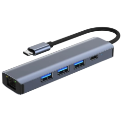 BYL-2302 5 en 1 USB Type-C/USB 3.0+Type C 100W+RJ45 Gris Hub USB