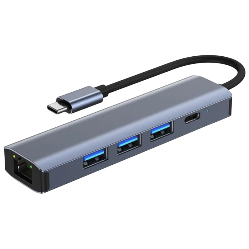 BYL-2302 5 en 1 USB Type-C/USB 3.0+Type C 100W+RJ45 Gris Hub USB