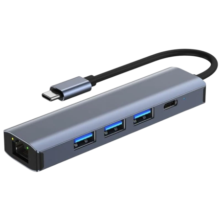 BYL-2302 5 en 1 USB Type-C/USB 3.0+Type C 100W+RJ45 Gris Hub USB