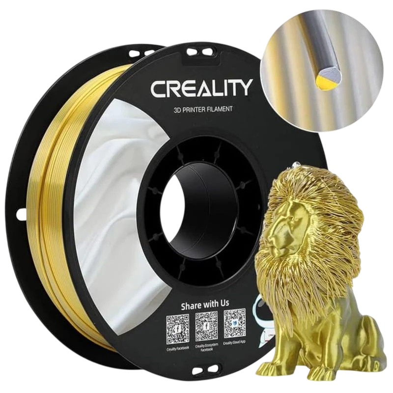 Filament Creality PLA CR-Silk - 1,75 mm - Vitesse d'impression jusqu'à 100 mm/s - Bobine de 1 kg Couleur Or/Argent
