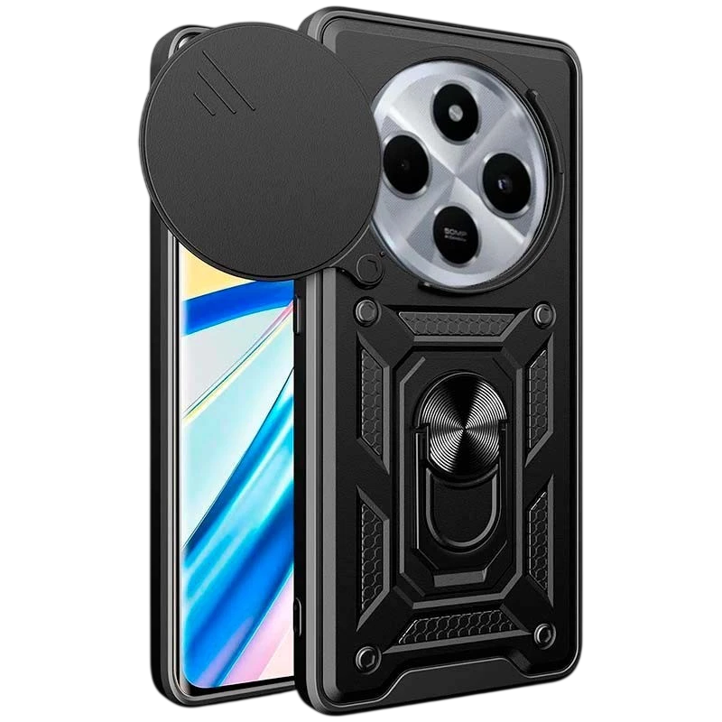 Coque d'armure militaire pour Xiaomi Redmi 14C / Poco C75 avec protection de l'appareil photo, support métallique et anneau Noir
