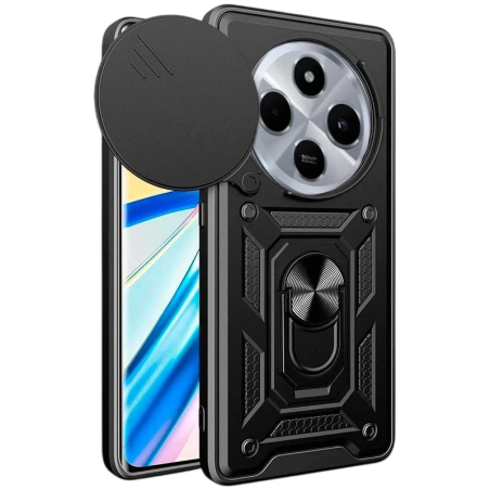 Coque d'armure militaire pour Xiaomi Redmi 14C / Poco C75 avec protection de l'appareil photo, support métallique et anneau Noir