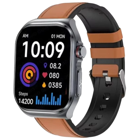 Hello ET585 Cuir Marron 2,04 pouces AMOLED NFC 10 jours +130 sports IP68 - Montre connectée