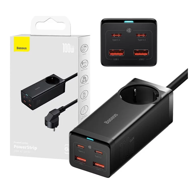 Chargeur Baseus avec prise intégrée 100W et 2xUSB-A + 2xUSB-C