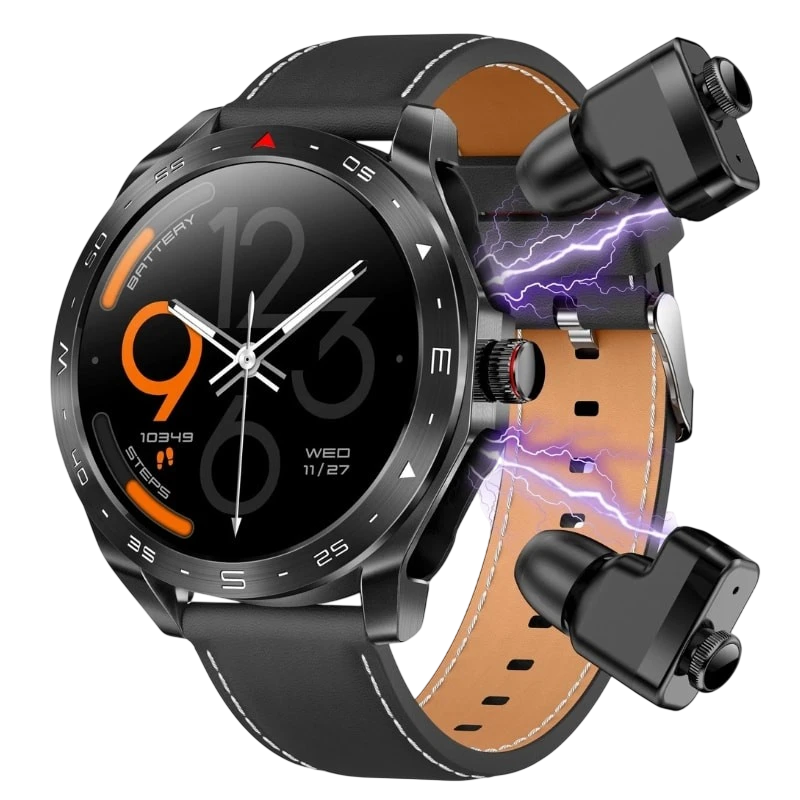 T95 Noir Bracelet Cuir avec écouteurs 1,52 pouces IPS 7 jours IP67 - Montre connectée