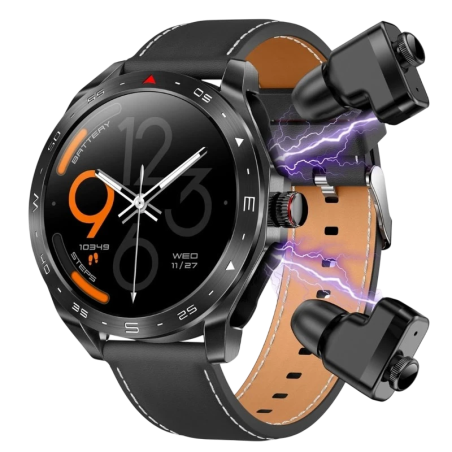 T95 Noir Bracelet Cuir avec écouteurs 1,52 pouces IPS 7 jours IP67 - Montre connectée