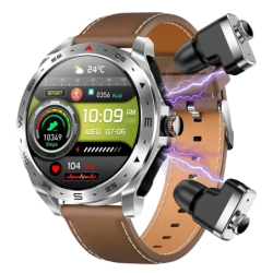 T95 Marron Bracelet Cuir avec écouteurs 1,52 pouces IPS 7 jours IP67 - Montre connectée