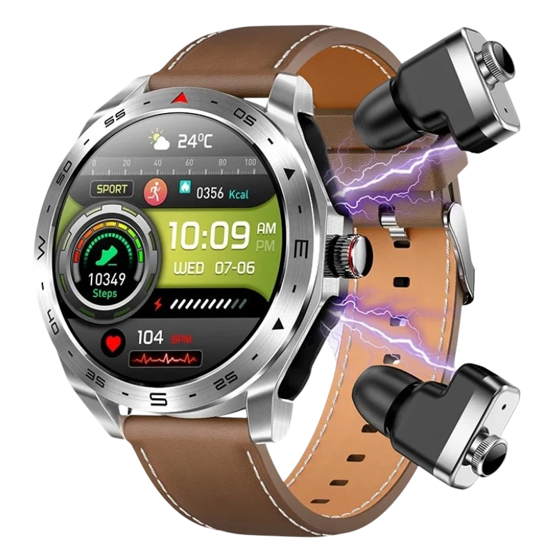 T95 Marron Bracelet Cuir avec écouteurs 1,52 pouces IPS 7 jours IP67 - Montre connectée