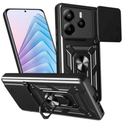 Coque d'armure militaire pour Xiaomi Redmi Note 14 4G avec protection de l'appareil photo, support métallique et anneau Noir