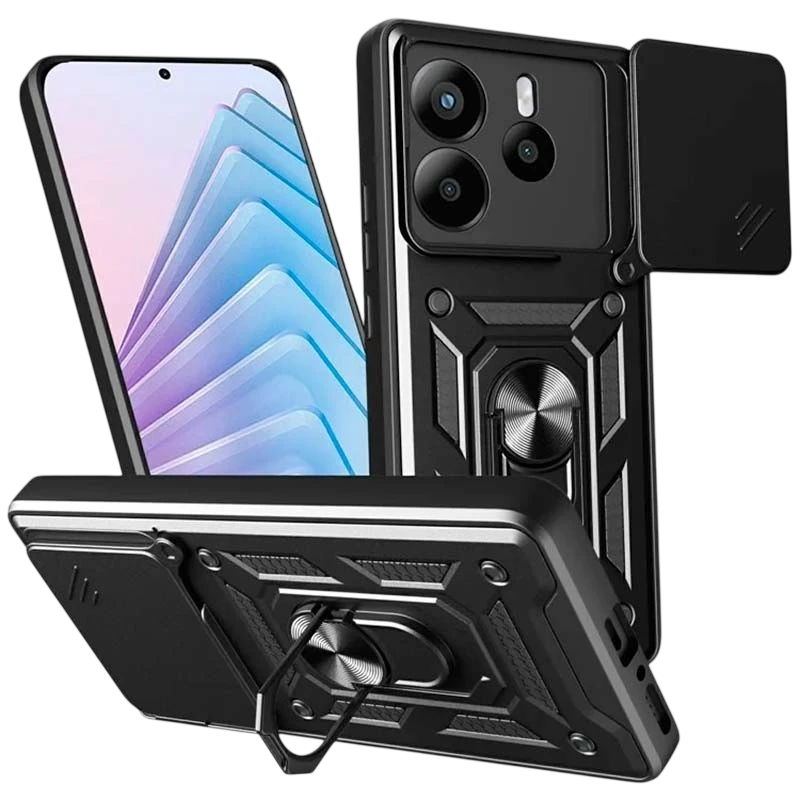 Coque d'armure militaire pour Xiaomi Redmi Note 14 4G avec protection de l'appareil photo, support métallique et anneau Noir