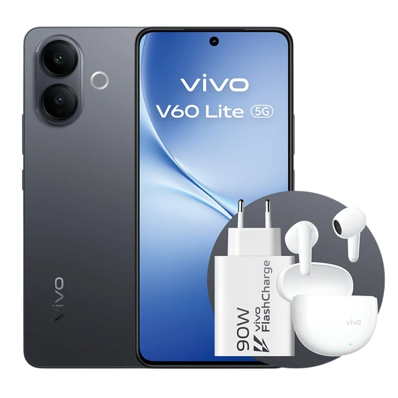 Vivo V60 Lite 5G 8GB/256GB Noir 6,77 pouces AMOLED 120Hz 50MP 6500mAh NFC + Écouteurs Buds + Chargeur 90W
