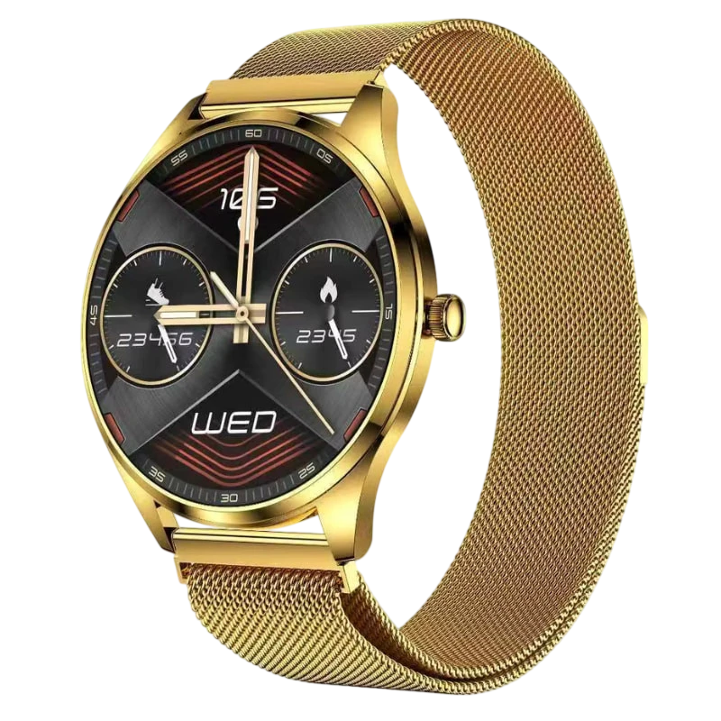 TN99 Bracelet Milanais Doré 1,43 pouces AMOLED Appels Bluetooth 5 jours +100 sports IP67 - Montre connectée