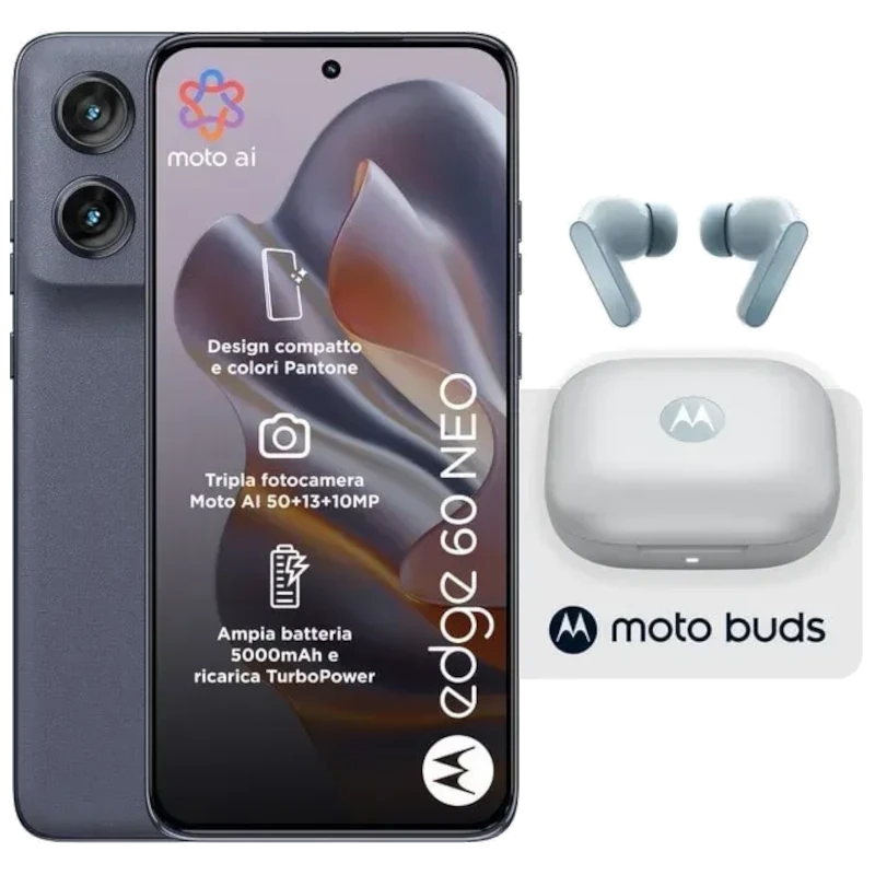 Motorola Edge 60 Neo 5G 8GB/256GB Bleu Grisaille 6,36 pouces pOLED 120Hz 50MP 68W NFC + Écouteurs Moto Buds
