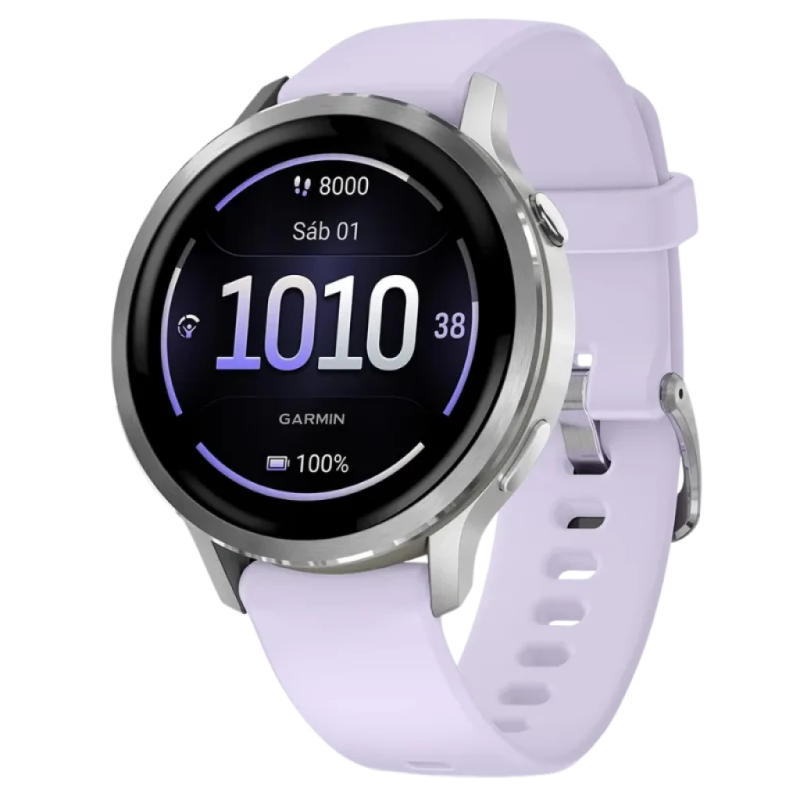 Garmin Venu 4 41 mm Argent Bracelet Silicone Lilas 1,2 pouces AMOLED GPS NFC 10 jours 5ATM Smartwatch