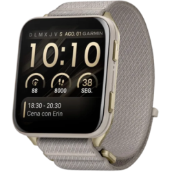 Garmin Venu X1 Boîtier en titane Doré Bracelet Nylon Gris 2 pouces AMOLED 8 jours 5ATM Montre connectée