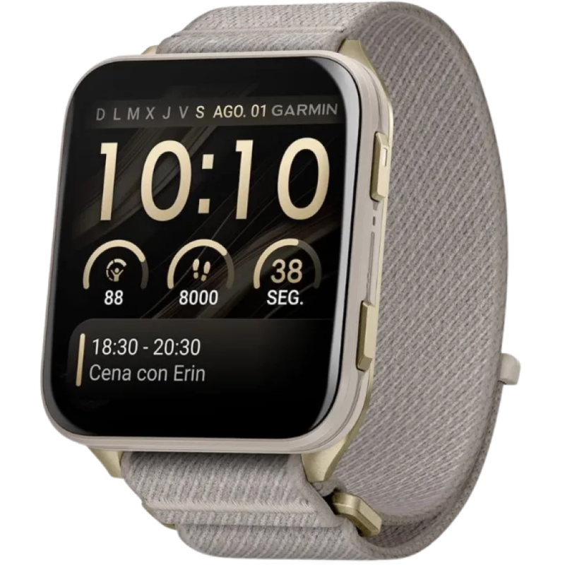Garmin Venu X1 Boîtier en titane Doré Bracelet Nylon Gris 2 pouces AMOLED 8 jours 5ATM Montre connectée