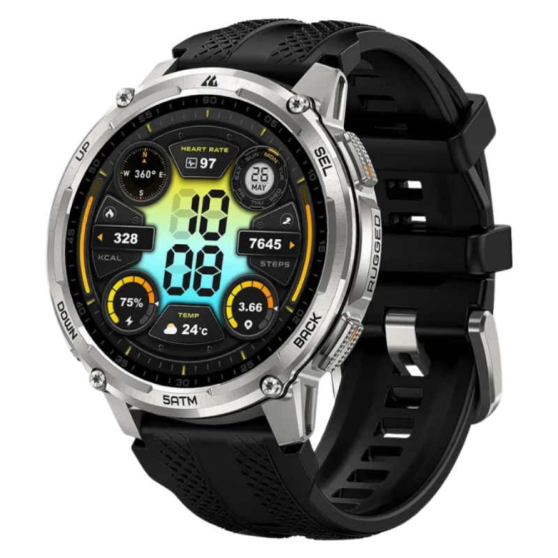 KOSPET Tank T4C Argent Bracelet Noir 1,5 pouces AMOLED GPS 15 jours +170 sports 5ATM IP69K Montre connectée