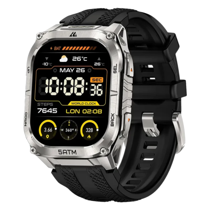 KOSPET Tank M4C Argent Bracelet Noir 1,96 pouces AMOLED GPS 16 jours +170 sports 5ATM IP69K Montre connectée