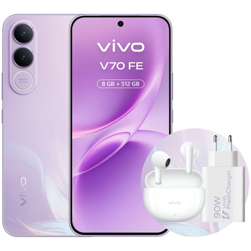 Vivo V70 FE 5G 8GB/512GB Lilas 6,83 pouces AMOLED 120Hz 200MP 7000mAh NFC + Chargeur 90W + Écouteurs